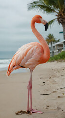 a flamingo standing on the beach with a palm tree in the background