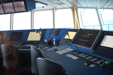 Navigational Bridge On Cruise Ship. Wheelhouse On Vessel.