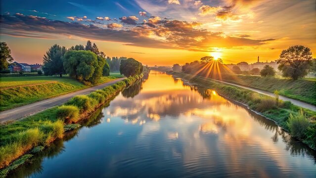 Sunrise over the Suprasl River at the boulevard in Suprasl , sunrise, Suprasl River, boulevard, water, nature, landscape
