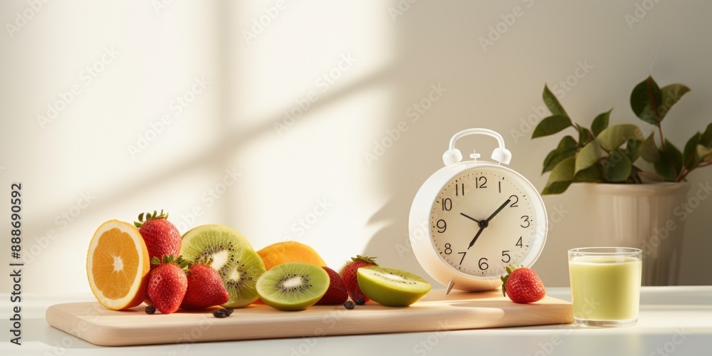 Wall mural Refreshing Mid-Morning Break with Energizing Fruits and Clock