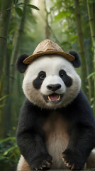 Naklejka premium panda bear with hat sitting on rock in bamboo forest