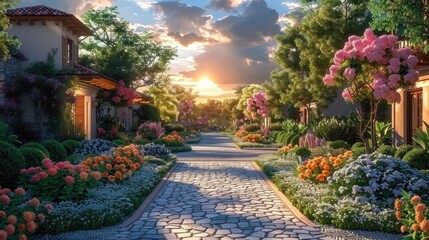 Fototapeta premium A peaceful sunset view in a landscaped neighborhood