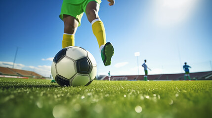 Obraz premium Soccer football close up to ball, a soccor player kicking the ball on a soccer field with Stadium background