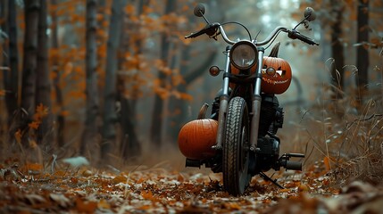 A pumpkin motorbike for fall in the forest