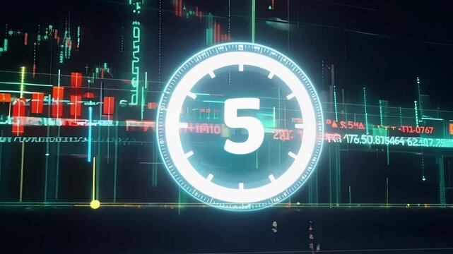 A clock ticking down to the opening and closing bell of the stock market while neon numbers flash in the background. - Powered by Adobe