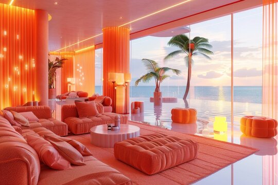 Luxurious interior design with vibrant orange hues modern and inviting atmosphere dynamic and striking composition serene and relaxing setting