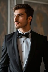A man in a black tuxedo and bow tie.