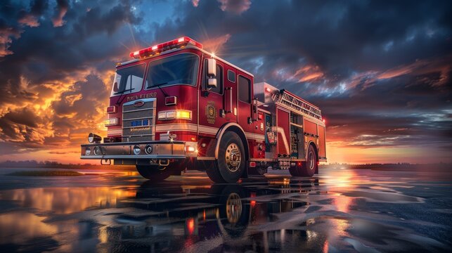 red fire truck emergency vehicle Fire truck with ladder fire extinguishing equipment and water to save lives, put out forest fires, and help with car crashes.