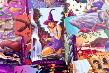 Tarot cards, Waite Rider tarot cards, the seven of pentacles card in the foreground on a background of available deck cards

