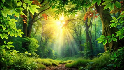 Obraz premium of vibrant leaves in a lush forest setting , nature, foliage, green, trees, botanical, vibrant, colorful, autumn