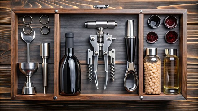 Wine accessories kit with corkscrew, aerator, and stoppers, wine, accessories, kit, corkscrew, aerator, stoppers, opener, pourer