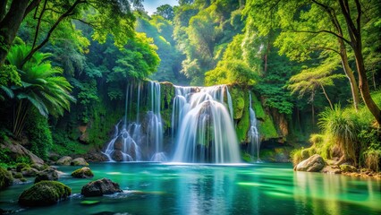 Obraz premium Lush green forest with a powerful waterfall cascading into natural water sources, waterfall, lush, green, forest, natural