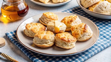 Plate of fluffy buttermilk biscuits with butter and honey drizzle, fluffy, buttermilk, biscuits, plate, butter, honey