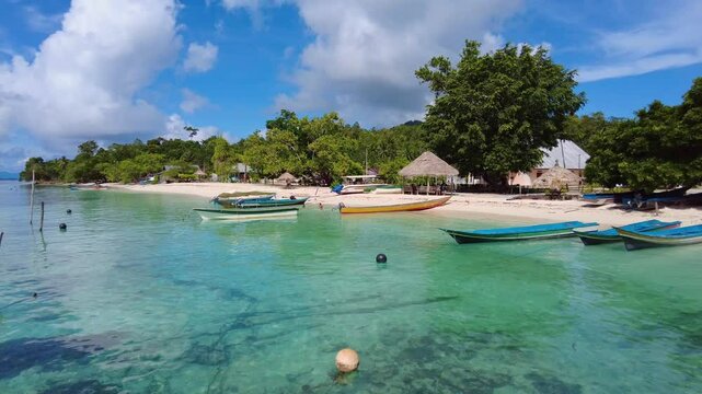 Raja Ampat, Indonesia: Panoramic view of the Sauwandarek Village and jetty on the Mansuar island in raja ampat in western Papua in Indonesia