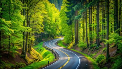 Obraz premium Winding road cutting through a vibrant green forest , winding, road, lush, green, forest, trees, nature, scenic, path