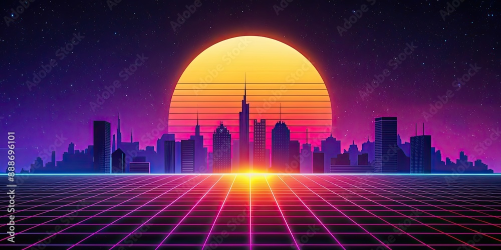 Sticker Synthwave cityscape with a large sun in the background, retro, futuristic, neon, dusk, skyline, urban, digital art