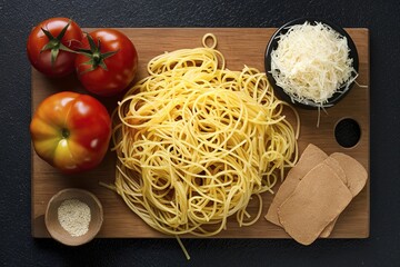 Ingredients for a spaghetti pasta noodles meal with tomatoes, Parmesan cheese and copyspace on cutting board