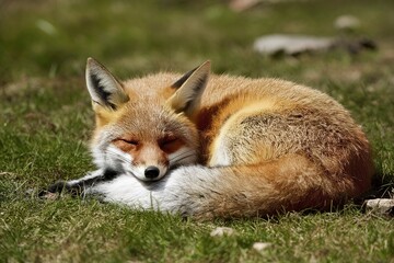Naklejka premium sleeping fox in the middel of the day of spring