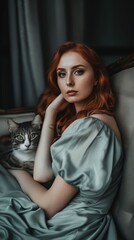 Naklejka premium A woman with red hair and a cat sitting on a chair.