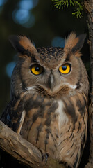 Naklejka premium a owl that is sitting on a branch with yellow eyes