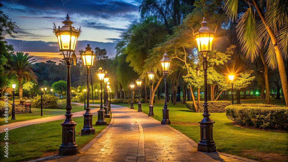 Sticker Beautiful lamps illuminating a tranquil park at night, night, park, lights, glowing, tranquil, serene, evening, ambiance