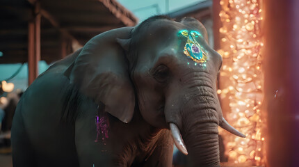 a elephant with a colorful head decoration on its head