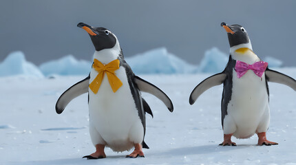 Fototapeta premium penguins with bow ties walking in the snow with icebergs in the background