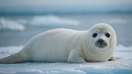 Fototapeta premium a seal laying on the snow in front of a body of water