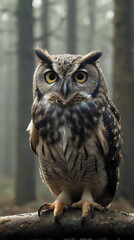a owl that is sitting on a branch in the woods
