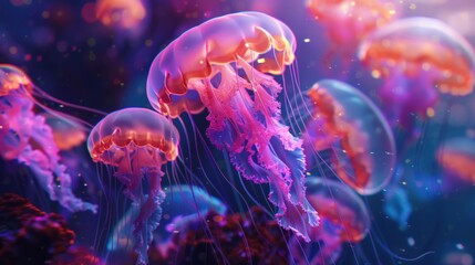 Obraz premium Glowing jellyfish float in the water with their tentacles gently floating around them.