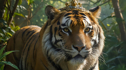 a tiger with a crown on its head walking through the jungle