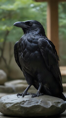 a black bird sitting on a rock in a zoo