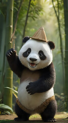 Obraz premium panda bear with a hat on his head standing in a bamboo forest