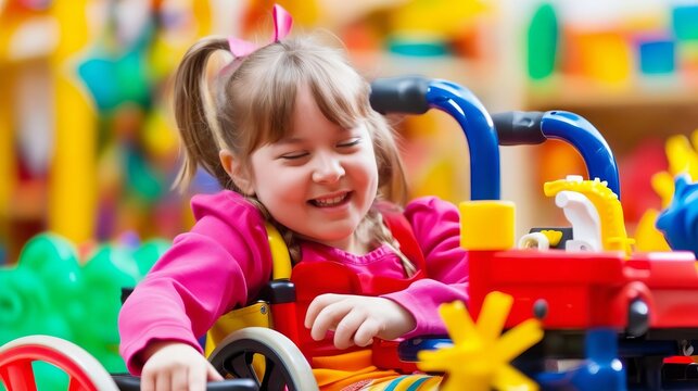 A little girl in a wheelchair playing with toys.