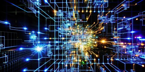 Obraz premium Chaotic and futuristic dark tech background with neon-lit broken grid connections, futuristic, chaotic, dark, tech, neon