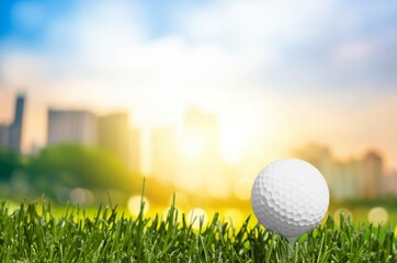 Golf clubs and balls on green lawn at course