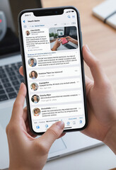  A social media user posting a product review with a modern digital interface background 