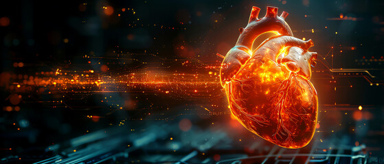 Fototapeta premium Futuristic digital illustration of a glowing human heart with cyber elements, symbolizing technology in medicine and heart health.