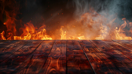 Burning Flames and Smoky Wooden Floor Background with Dramatic Fire Texture and Rustic Heat
