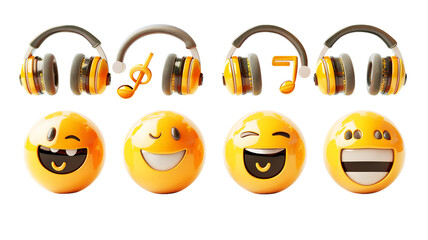 Collection of happy and laughing emojis with headphones, enjoying music with World Emoji Day