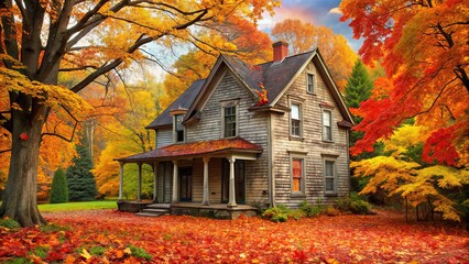 Old house with colorful autumn leaves surrounding it, old, house, autumn, leaves, colorful, vintage, rustic, architecture
