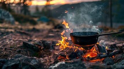A tourist pot near a fire big a pan over the fire while hiking