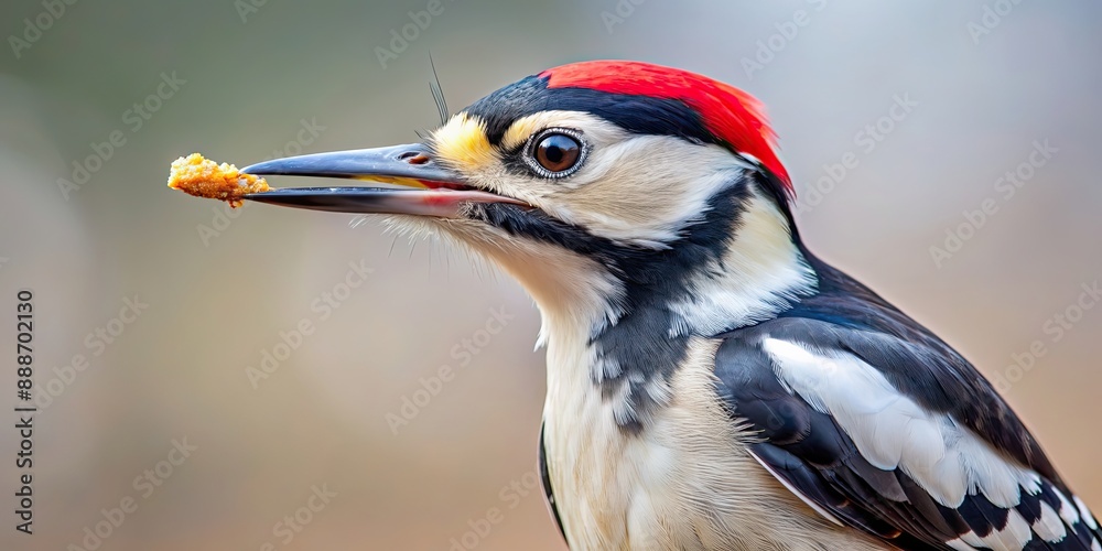 Poster Close-up of a woodpecker pecking on a light background, woodpecker, bird, nature, wildlife, pecking, beak, feathers