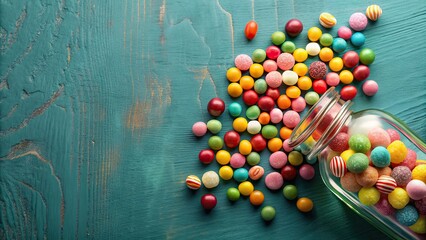 Obraz premium Pastel candies and sugarplums spilling out of a tipped bottle in a sweet disarray , sweets, pastel colors, candy