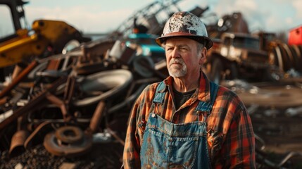 Photo of a senior garbage collector working at a scrap yard.