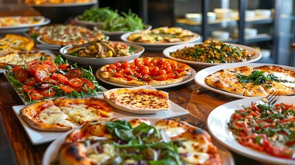 Obraz premium A vibrant assortment of dishes including pizza