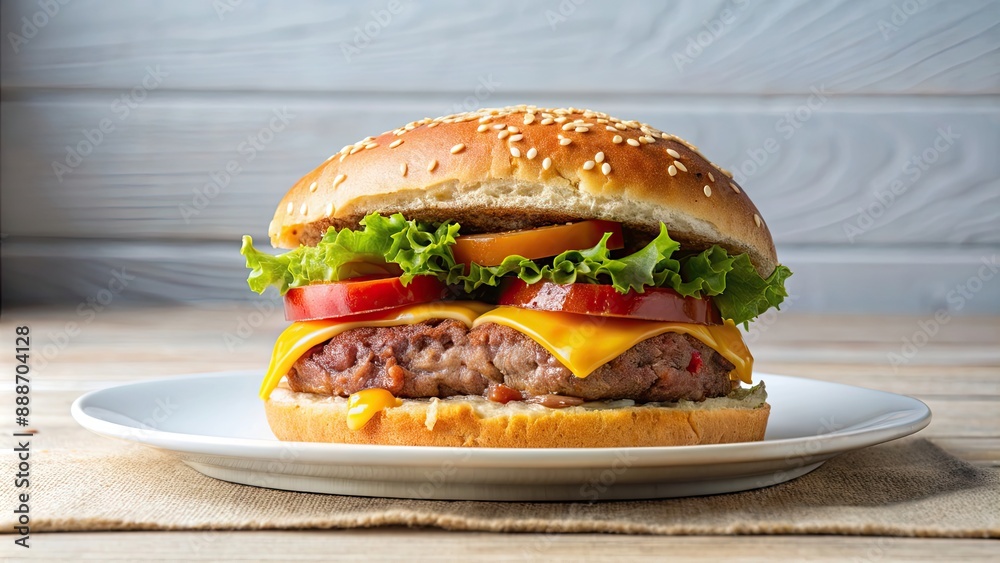 Sticker Cheeseburger cut in half on a plate, cheeseburger, food, burger, meal, tasty, delicious, sandwich, lunch, fast food, meat, beef