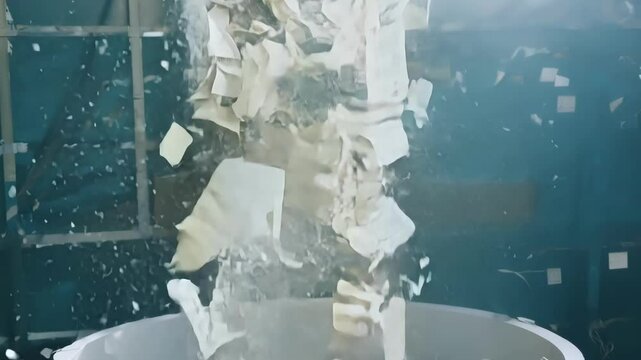 Cascading waterfalls of recycled paper scraps pouring into a massive bin.