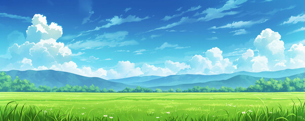 Obraz premium Green Field, blue sky clouds Anime Background