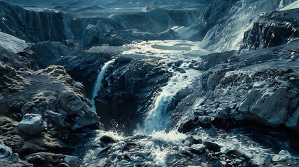 A waterfall river glacier volcanic in origin snow capped hill